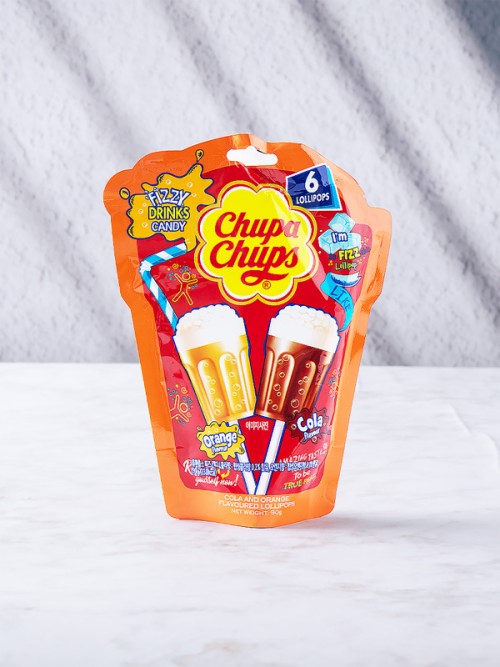 Chupa Chups Fizz สามารถเลือกได้ 2 รสชาติ คือ โคล่าหวาน และรสส้ม 90กรัม