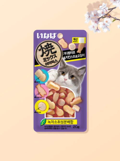 อาหารแมว Inaba Yaki Mix รสปลาแมคเคอเรลอบแห้ง ไก่และปลาหมึก (20 กรัม)