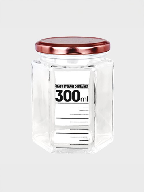 IE ขวดแก้วทรงหกเหลี่ยม ฝาเหล็ก (ประมาณ 300 มล.)
