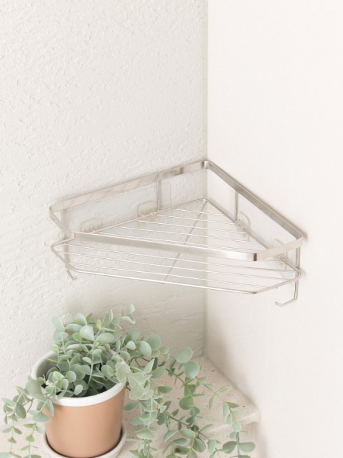 ชั้นวางของในห้องน้ำ สแตนเลส ชั้นวางของ ไม่ต้องเจาะผนัง ที่วางของเข้ามุมสามเเหลียม ชั้นวางของในห้องน้ำชั้นวางของติดผนังเข้ามุม ขนาดกลาง